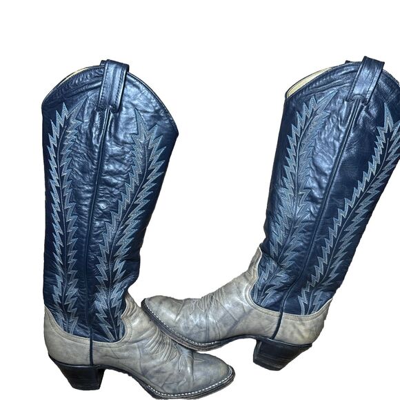 Larry Mahan Womens Knee High Cowboy Boots Size 6 B6N Leather Skin Black Blue - Picture 8 of 9